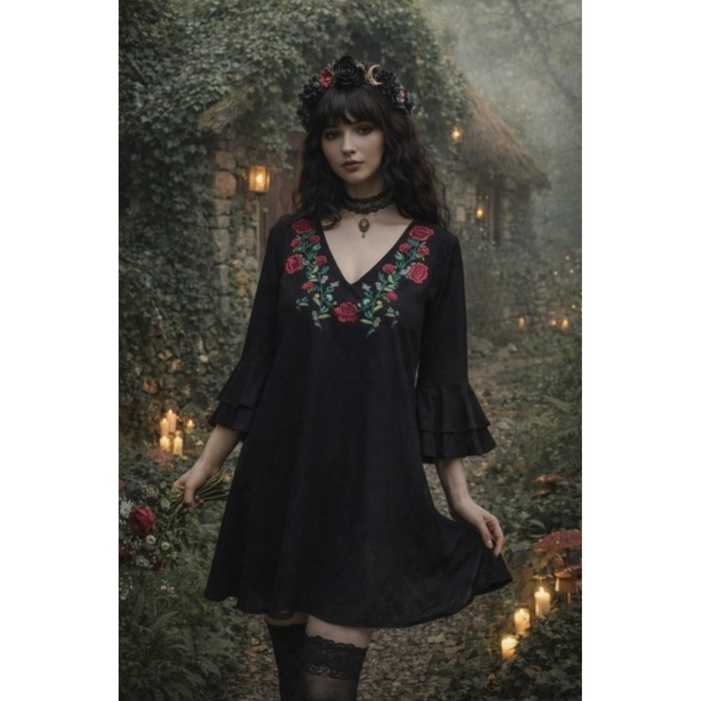 Ethereal Whimsigoth Cottage Fairy Altar'd State Mini Dress Embroidered Floral M
